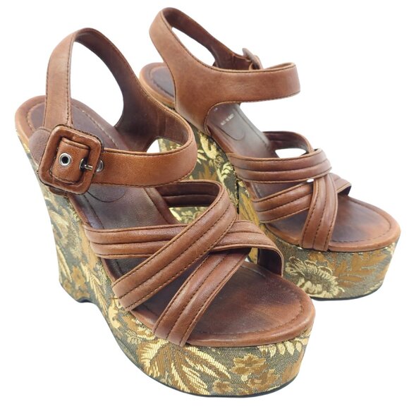 Miu Miu Women's Brown & Gold Jacquard Fabric & Leather Platform Wedge Sandals - Picture 1 of 11